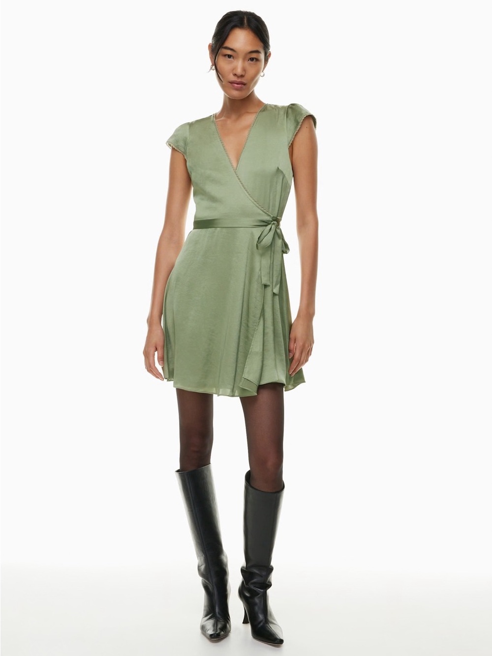 Aritzia Wilfred Mademoiselle Satin Wrap Dress in Bitter Sage Size S